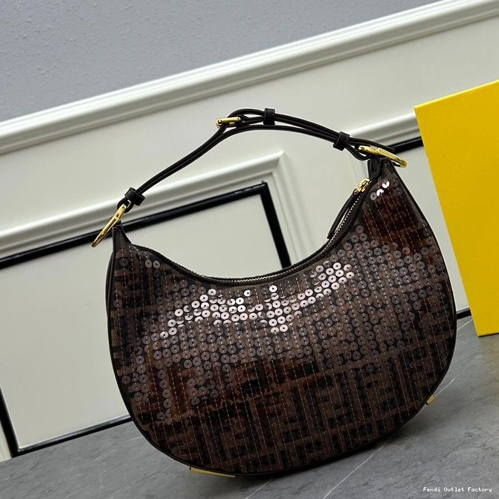 Cheap HOT Fabric Small Brown Sequins FF In Fendigraphy Bag with Hobo Fendi Motif 0813